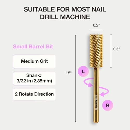 Curacoro Nail Drill Bits 3/32'' Small Barrel Carbide Bit (Medium) - color: Yellow Titanium - Small Barrel Bit, size: Medium