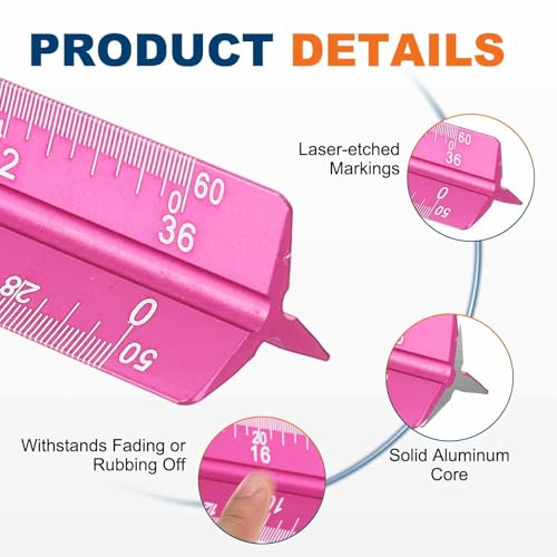 HARFINGTON 2Pcs Architectural Scale Ruler 7" Large Scale Laser Rose Red - color: Rose Red, size: 7 Inch