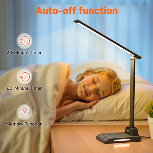 ShineTech LED Desk Lamp for Home Office, Foldable Reading Lamp with Adapter - color: Black