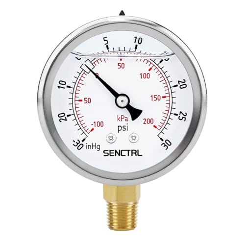 SENCTRL 30 inHg to 30 Psi Vacuum Glycerin Liquid Filled Low Pressure Gauge - size: -15-30 Psi, style: Lower Mount