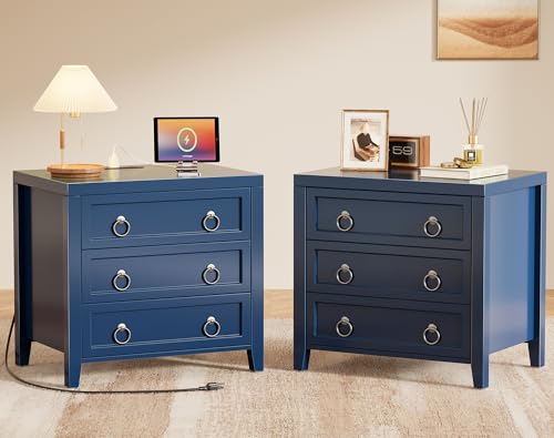 Huuger Paint Night Stand with Charger Station, 3 Drawer Nightstand Set of 2 - color: Blue