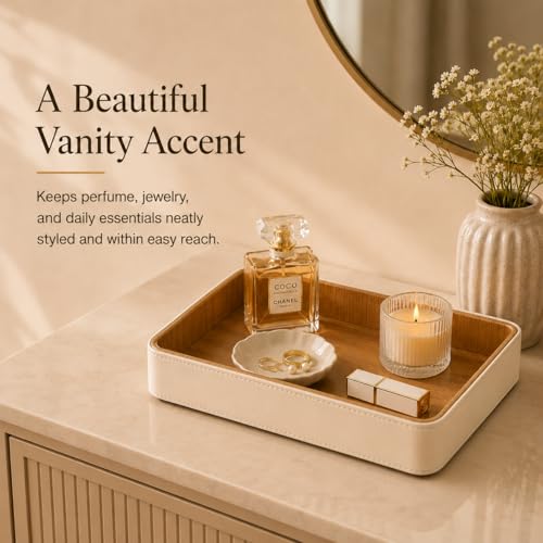 GORESE Rectangle Perfume Tray for Dresser, PU Leather Jewelry Tray for Vanity, Cream White & Wooden - size: 9.8" x 6" x 1.5"