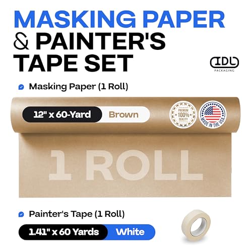 IDL Packaging 12" x 60 Yards Brown Masking Paper Set with Tape (1 Roll) - size: 12" X 60 Yards, style: SET White, Pack of 1