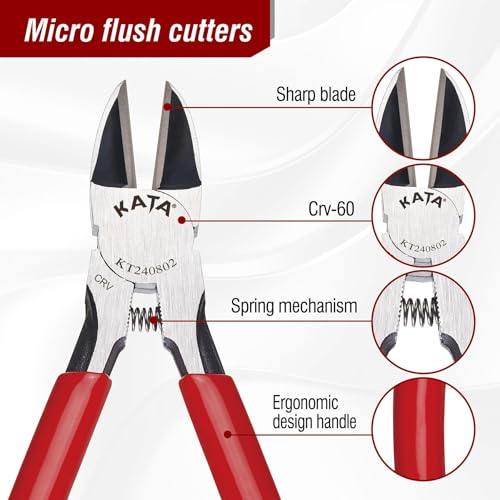 KATA 2Pack Wire Cutters Set, 1PC 5 Inch Micro Flush Cutter and 1PC 6 Inch Side Cutter Plier for Electronics, Crafting, Floral, Jewelry Making Cutting