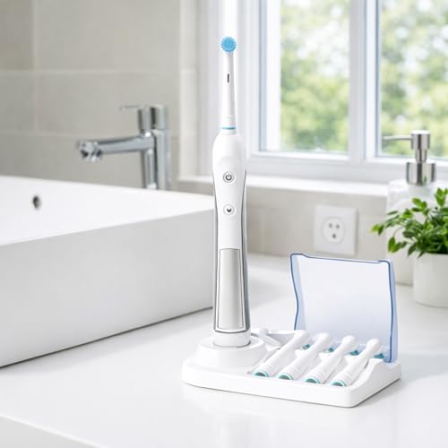 Brush Head Holder Compatible with Braun Oral B, Electric Toothbrush Head Holder Stand, Unique Blue Bracket Base, 4-Slot Display Rack, Portable Countertop Bathroom Organizer with Brush Storage Cover