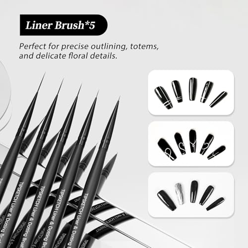 Nail Art Liner Brushes 5Pcs with Caps & Bag Thin Liner & Dotting Pen Set