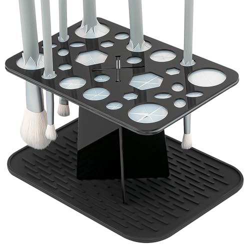 SHIDOW 28-Hole Makeup Brush Drying Rack with Silicone Drip Mat, Acrylic Upside-Down Brush Holder Organizer Stand, 1-Pack, Black - color: black