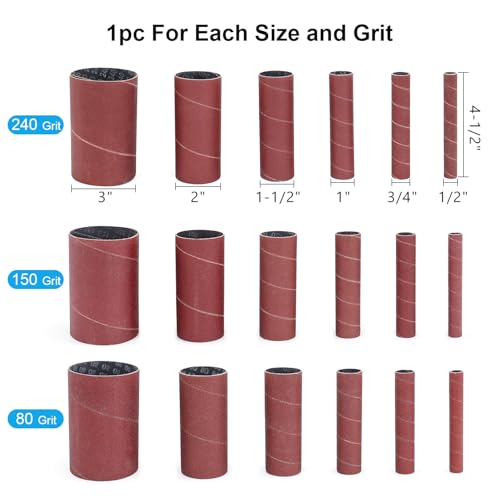 19 Pack Spindle Sander Sleeves with Sandpaper Cleaning Stick - Eraser, 4-1/2’’ Length, 1/2’’, 3/4’’, 1’’, 1-1/2’’, 2’’, 3’’ Diameter Sanding Sleeves Set, Grit 80, 150, 240,for Spindle Drum Sanders