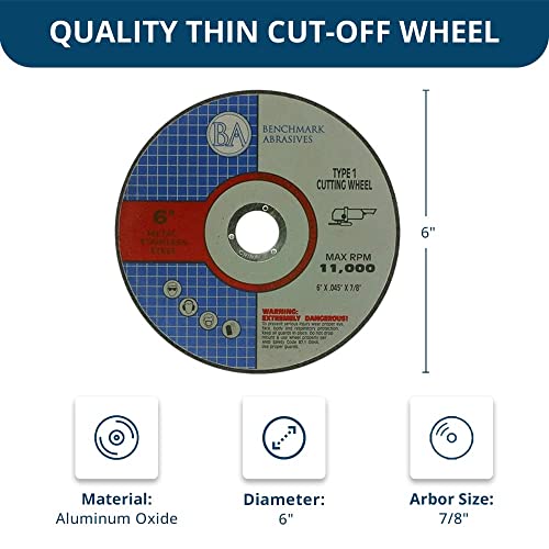Benchmark Abrasives Aluminum Oxide Thin Type 1 Cut Off Wheels for Metal and Stainless Steel, .045in Thick, 7/8in Arbor (6" | 100 Count) - style: 6" | 100 Count