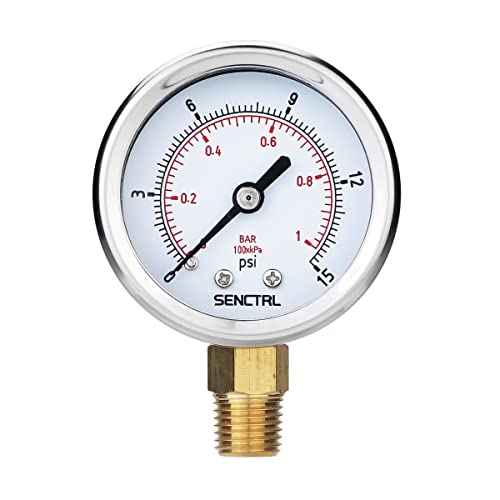 SENCTRL 0-15 Psi Low Pressure Gauge, 1/4 NPT Lower Mount - size: 0-15 Psi, style: Lower Mount
