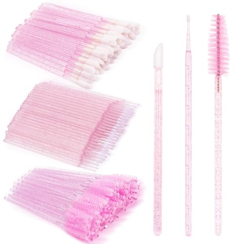 200Pcs Eyelash Extension Kit, Lash Spoolies Extension Supplies Eyebrow Brush Mascara Wands Lip Brushes Applicators Disposable Micro Swab Brushes for Lash Extensions Brow Lamination Kit, Crystal Pink - color: Crystal Pink