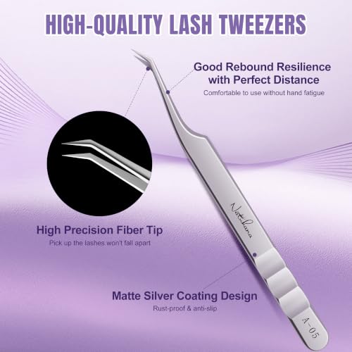 High Precision Lash Tweezers for Individual and Volume Eyelash Extensions Pointed Premium Stainless Steel Curved Fiber Tip Professional Isolation Tweezer(45 Degree Tweezer A-05) - color: A-05