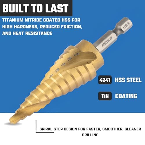 NEIKO 10611A Step Drill Bit, 12 Steps 3/16" to 7/8" Spiral High Speed Steel, Titanium Nitride Coated, 1/4" Quick Change Step Bits for Steel, Metal, Wood, Plastic, Unibit Cone Drill Bits, Two Flute - size: #4 (3/16 - 7/8", 12S), style: Spiral
