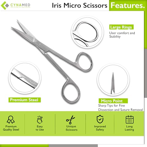 Cynamed Iris Micro Dissecting Precision Lab Scissors, Fine Point Straight - Perfect for Doctors, Nurses, EMS, Students, Education