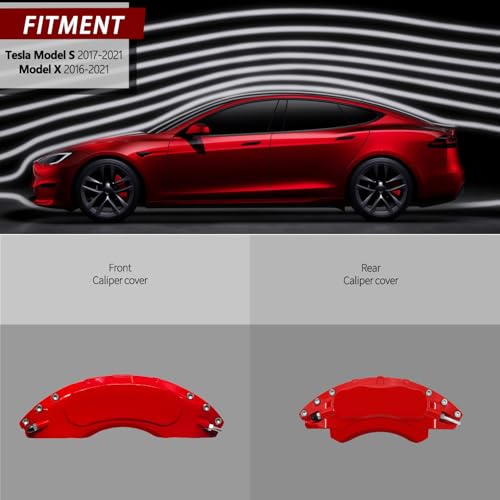 Red Aluminum Brake Caliper Covers for 2017-2021Tesla Model S Long Range&Long Range Plus & Model X 2016-2021, Set of 4, Easy Install, Protective Styling - color: Red blank