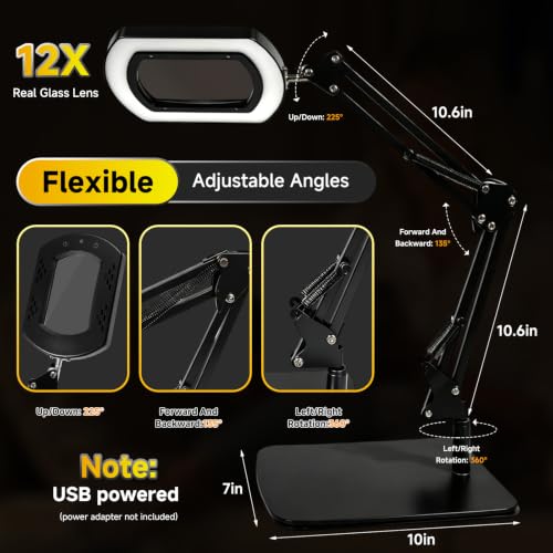 12X Magnifying Glass with Light and Stand, Desk Lamp Magnifier