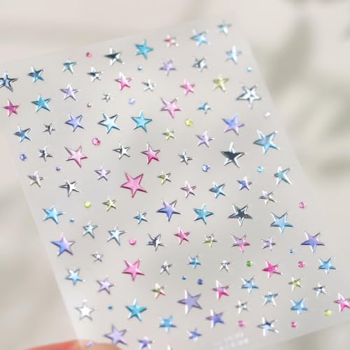 1 Sheet 5D Embossed Holographic Nail Stickers Metallic Shiny Star Nail Decals Self-Adhesive Nail Art Stickers Cute Y2K Stars Nail Stickers for Nail Art Stars Nail Supplies for Women DIY Manicure - color: Colorful Stars