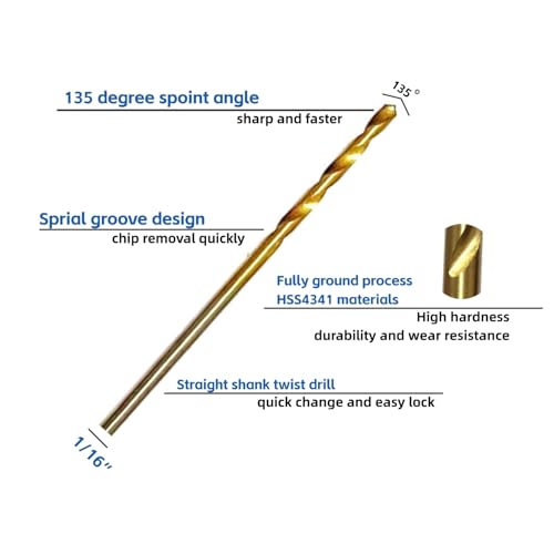 1/16" Mini Titanium Twist Drill Bit Set (20Pcs), HSS43 Fully Ground Micro Drill Bits for Wood, Metal,Plastic, Aluminum Alloy,Steels - style: 1/16"(20pcs)