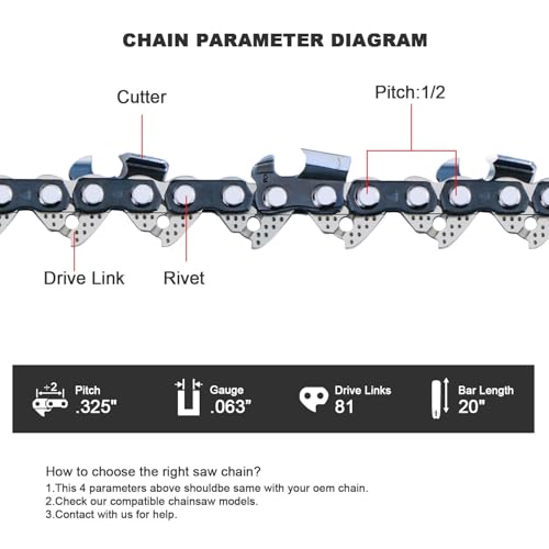 3-Pack 20 Inch Chainsaw Chains 81 Drive Links .325" Pitch .063" Gauge - size: 20" 81DL .325" .063" ×3 Pack