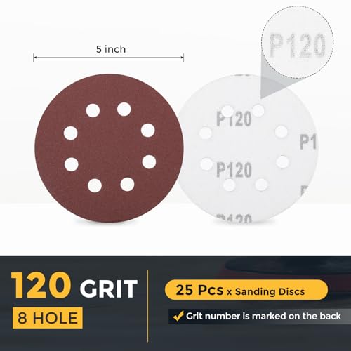 HARFINGTON 25 Pcs 5 Inch Sanding Discs 120 Grit Red Aluminum Oxide 8 Hole - size: 5 Inch(120 Grit)
