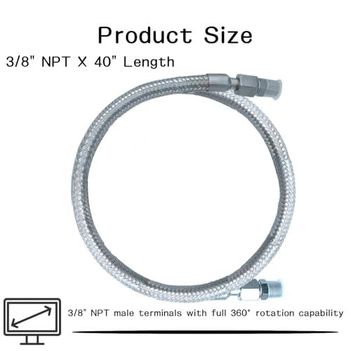 Industrial Grade Reinforced Air Compressor Hose Assembly - 3/8" NPT Male Connectors - 40" Flexible Stainless Steel Braided Line with 360° Rotating Fittings (450 PSI/750°F Rated)