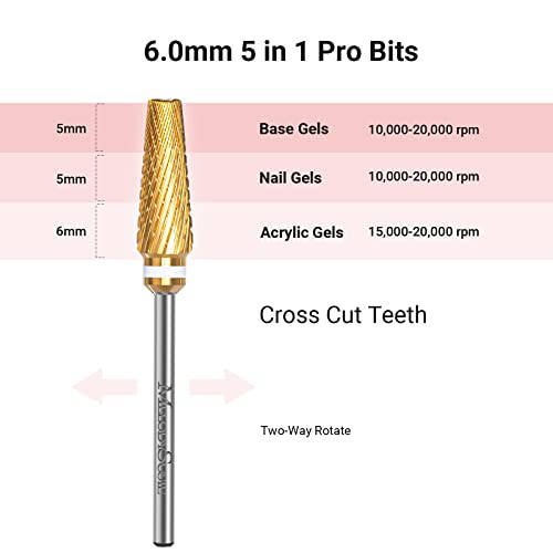MelodySusie Upgrade 5 in 1 Nail Drill Bits, 3/32'' Carbide Tungsten Multi-function Mixed Sizes Edition, Suitable for Manicure Pedicure Cuticle Gel Polishing, Professional Advanced Bits, Series Bit X - color: Gold, size: XC+M+3XF-5 in 1 pro