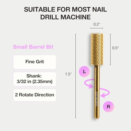 Curacoro Nail Drill Bits 3/32'' Small Barrel Carbide Bit (Fine) - color: Yellow Titanium - Small Barrel Bit, size: Fine