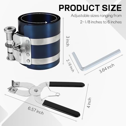 Car Engine Piston Ring Installer Removal Kit, Piston Ring Compressor with Piston Installer Plier, 2-1/8" to 6" Adjustable Size, No Damage Professional Piston Installing Tool