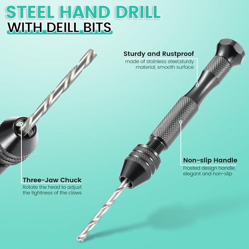 Hand Drill Set for Resin Crafts, Pin Vise Jewelry Making Kit with 10 Drill Bits, 600 Eye Screws, 15 Keychain Rings – Push Drill Tool for Epoxy, Molds, DIY Projects (Pin Vise Hand Drill Set - 1)