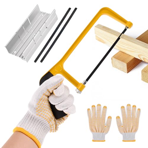 Mini Metal Mitre Box and Saw Set, 6" Hand Saw with 2 Spare Blades & Gloves - color: Yellow