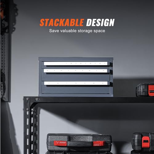 VEVOR Drill Bit Organizer - Three-Drawer Steel Cabinet for 1mm to 13mm, Labels, Stackable - size: (1/25" to 1/2")