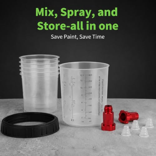 Disposable Paint Spray Gun Cup, Paint System for HVLP and LVLP Paint Spray Paint Gun, Standard 13.5 Ounce (400ml) Kit with 50 Cups and Lids System, 1 Hard Cup with Retainer Ring and 20 Plugs - size: 400ml Paint Cup