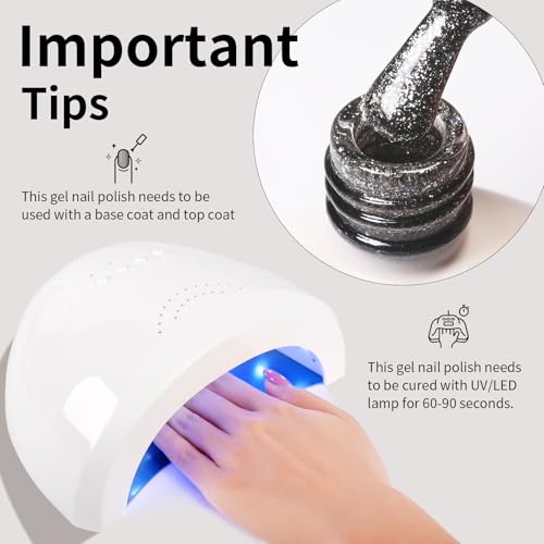 Black Gel Polish Glitter Hema Free 0.34 OZ Same Color Same Top Cover Black Reflective Sparkle UV Polish Christmas Manicure Art DIY - color: G-Black Glitter