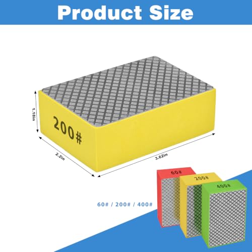 Diamond Hand Polishing Pads, 3 PCS Diamond Sanding Blocks 60#, 200#, 400#, Sanding Sponge Pads for Marble Tile Concrete Ceramic Glass Stone Granite Stone Metal Grinding - size: 3PCS-60#,200#,400#