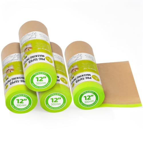 Tangibay Pre-Taped Masking Paper for Painting, 12 inch x 50 feet, 4 Rolls - size: 4 Rolls: 12"