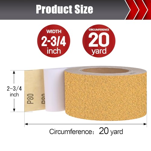BOSHCRAFT 80 Grit PSA Longboard Sandpaper, 20-Yard Long Continuous Roll 2-3/4" Wide Self-Adhesive Sanding Paper for Auto Body Woodworking Metalworking - size: 80 grit