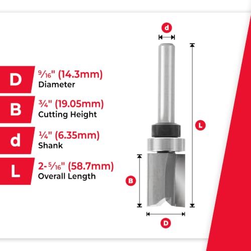 Amana Tool 45361 Flush Trim Router Bit 1 D x 1-1/2 CH x 1/2 SHK Bearing - size: 9/16 Dia x 3/4" x 1/4 Sh