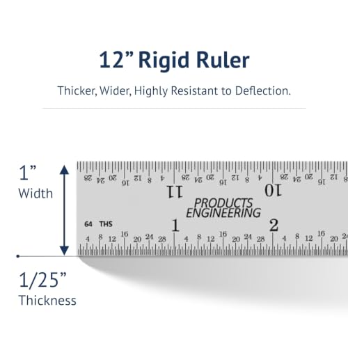 PEC Tools 12" Metal Ruler, Rigid, 4R Graduation, Steel Measuring Tool