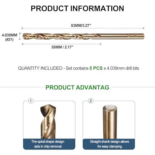 METALLIXITY Micro Drill Bit (#21) 4341 High-Speed Steel Gold 135° 5Pcs - size: #21 (4.039mm)