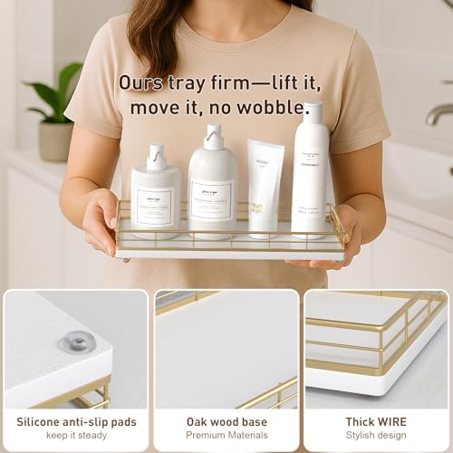 Toilet Paper Basket Organizer, Oak Wood Toilet Tank Tray with Metal Frame - color: Gold & White, size: 13" x 6.5" x 2"