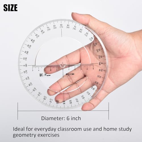 SEIWEI 360 Degree Protractor, 6 Inch Math Circle Ruler, Clear Plastic Angle Measurement Tool with Accurate Scale, Round Protractor for Kids Geometry, Engineering, Drafting, School & Office - size: 6 Inch / 15 cm