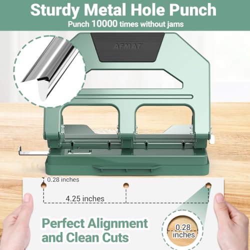 AFMAT HPX4 Heavy Duty 3 Hole Puncher, 50-Sheet Paper Punch Heavy Duty, 50% Reduced Effort Three Hole Punch, 10K+ Uses, Metal Hole Puncher 3 Ring w/Large Tray, Bulit-in S.S. Paper Guide (Green) - color: Green, size: 50-Sheet Capacity