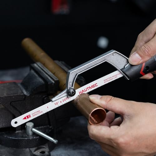 HAUTMEC Compact Hacksaw, 10" Hacksaw with Bi-Metal HSS Blade, Aluminium Frame, Cutting Guide Design, Small Hand Saw for Cutting Metal, Plastic, PVC & Wood, Ideal for Tight Spaces – HT0427 - style: Upgrade