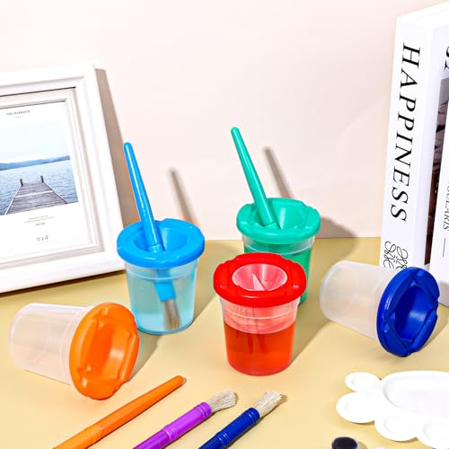 20 PCS No Spill Paint Cups with Lids, Painting Cups and Brushes Set, Spill Proof Paint Brush Cup Art Supplies for Learning Activities