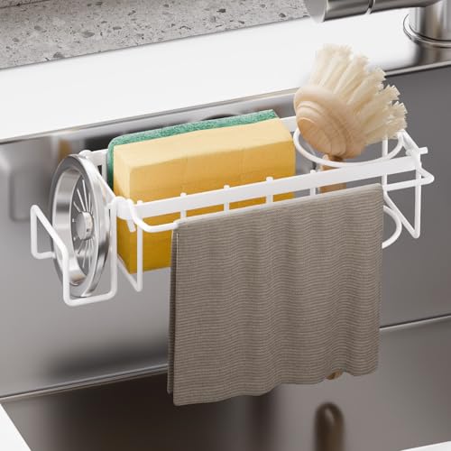 TAILI 4-in-1 Sponge Holder for Kitchen Sink with Strong Suction Cup-White - color: White, size: 7.28" x 2.36"