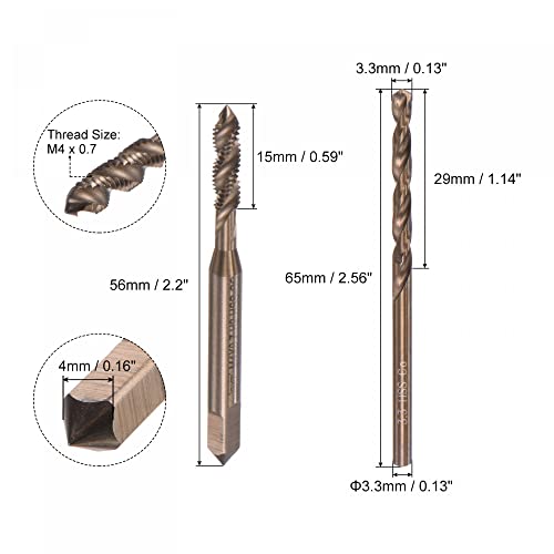 uxcell M4 x 0.7 Spiral Flute Tap and 3.3mm Twist Drill Bit Set, Metric M35 Cobalt High Speed Steel Machine Threading Screw Thread Tap Tool for Stainless Steel - size: M4 x 0.7 + 3.3mm