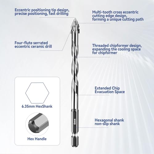 Four-Flute Sawtooth Eccentric Drill Bit, Multifunction Drill Bit Set High Hardness Skewed Head Eccentric Drill (Silver,10PC: 6MM) - color: Silver, size: 10PC: 6MM