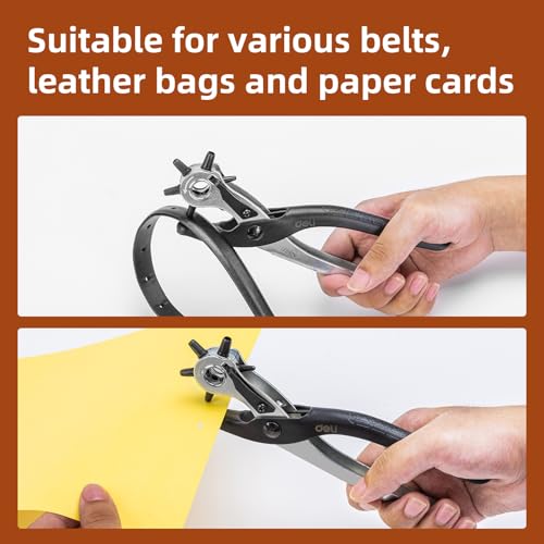 Deli 9" Leather Hole Punch Tool – Heavy Duty Rotary Belt Hole Puncher & Leather Punch Tool for Belts, Watch Bands, Dog Collars, Saddles, Shoes, Fabric, DIY Crafts