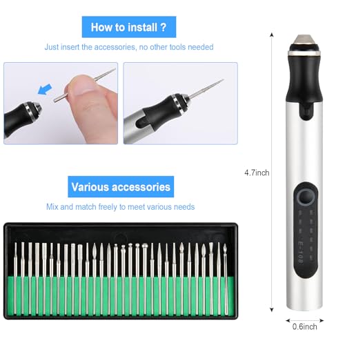 Silver Cordless Engraving Pen with 30 Bits,USB Electric Engraver Kit - color: Silver