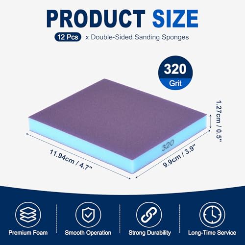 12Pcs 320Grit Double-Sided Sanding Sponges, Washable & Reusable - size: 320Grit